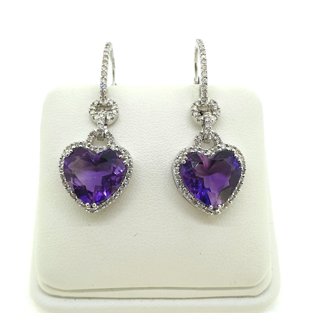 Heart Shaped Amethyst and Diamond Cluster Drop Earrings