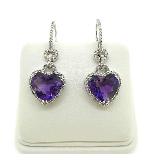 Heart Shaped Amethyst and Diamond Cluster Drop Earrings