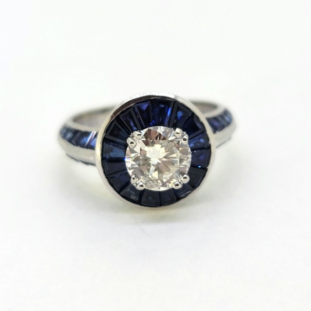 1ct Old Cut Diamond and Sapphire Target Cluster Engagement Ring