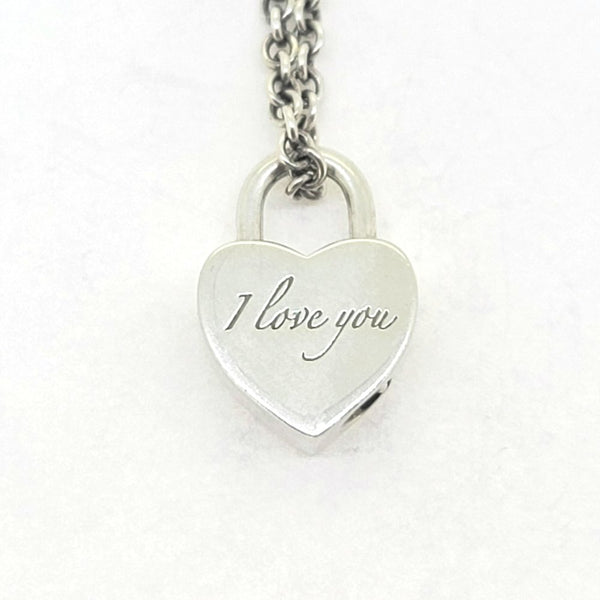 Vintage Tiffany and Co Silver Heart Padlock Charm Pendant with Chain, opening heart padlock charm engraved with 'I Iove You' on one side on a silver chain