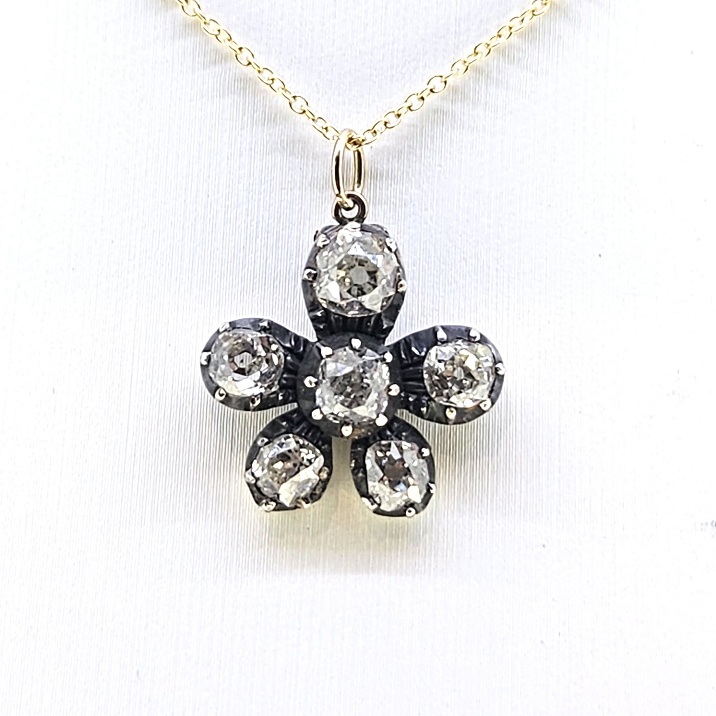 Antique 1.80ct Old Cut Diamond Flower Pendant with Chain