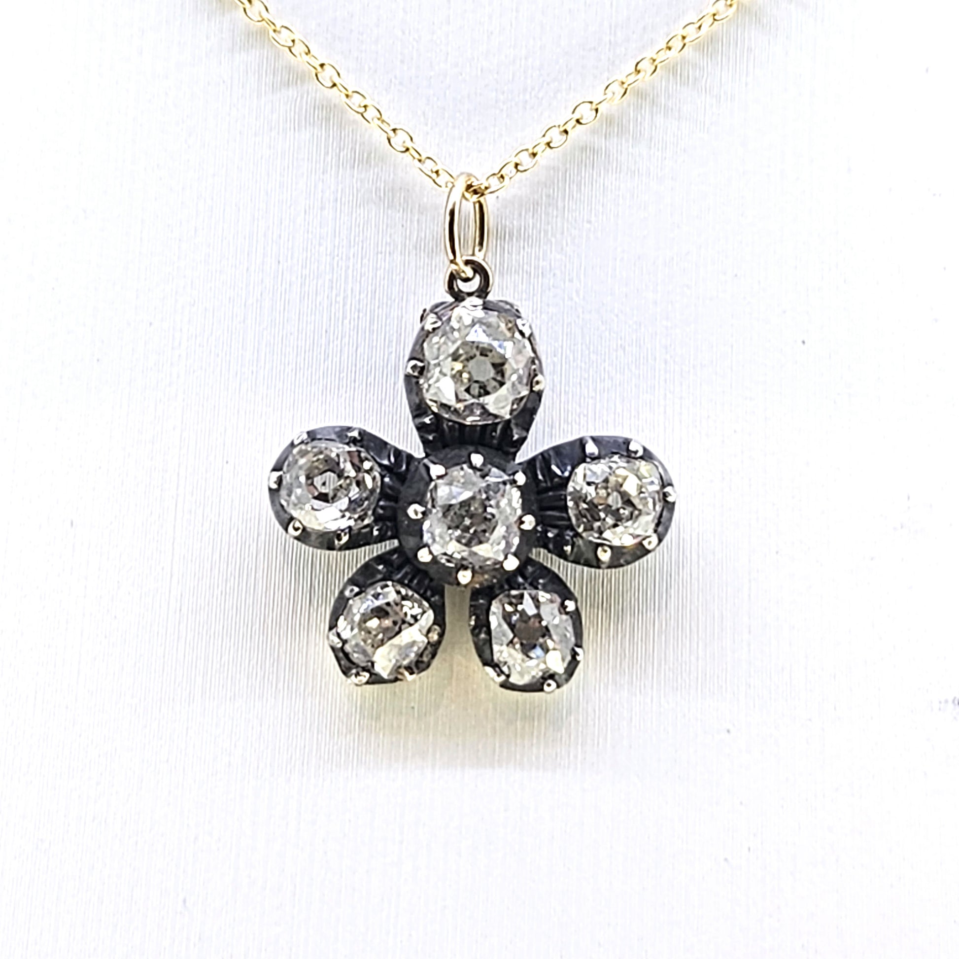 Antique 1.80ct Old Cut Diamond Flower Pendant with Chain