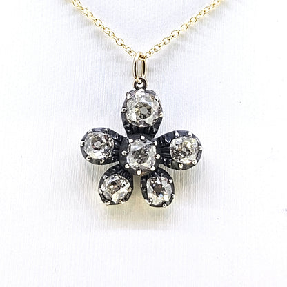 Antique 1.80ct Old Cut Diamond Flower Pendant with Chain