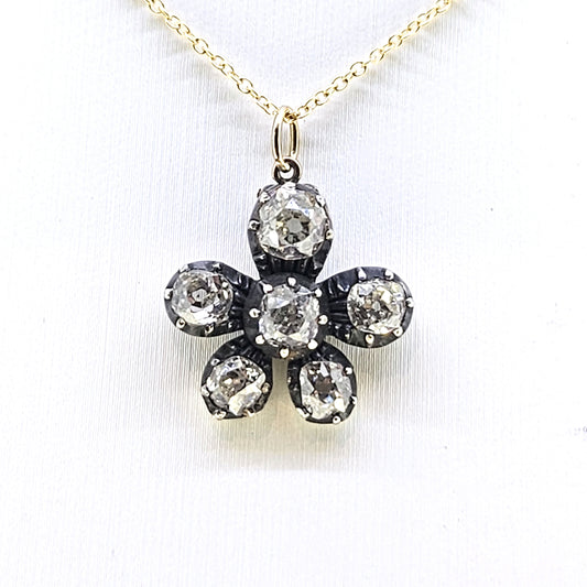 Antique 1.80ct Old Cut Diamond Flower Pendant with Chain