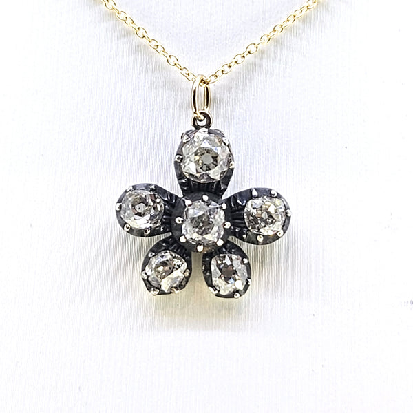 Antique 1.80ct Old Cut Diamond Flower Pendant with Chain