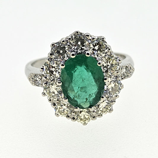 1.40ct Oval Emerald and Diamond Cluster Cluster Engagement Ring in Platinum