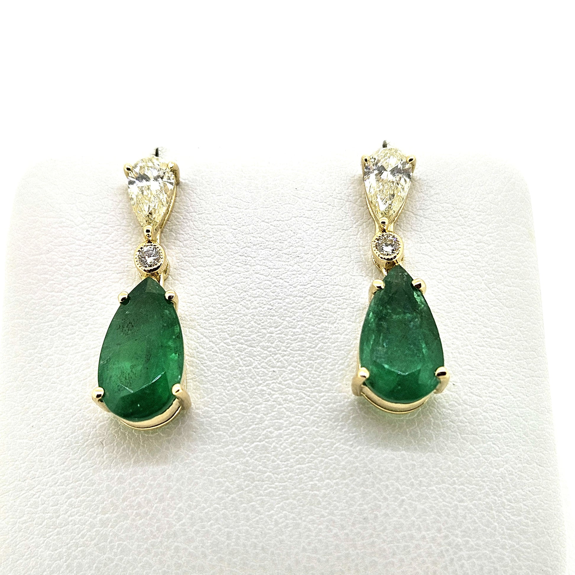 4.10ct Pear Cut Emerald and Diamond Drop Earrings in 18ct Gold