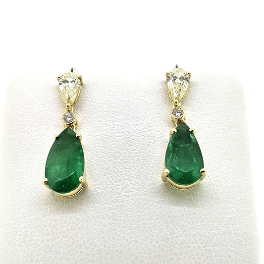 4.10ct Pear Cut Emerald and Diamond Drop Earrings in 18ct Gold