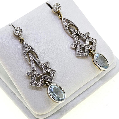 Vintage Style 2.10ct Aquamarine and Diamond drop earrings 