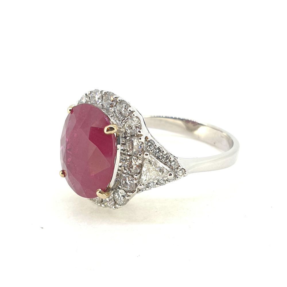 4.79ct Oval Ruby and Diamond Cluster Dress Ring with diamond set split shoulders