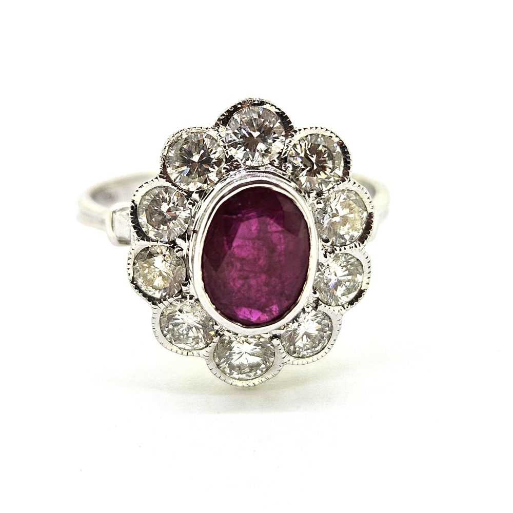1.30ct Oval Ruby and Diamond Floral Cluster Engagement Ring