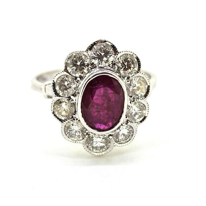 1.30ct Oval Ruby and Diamond Floral Cluster Engagement Ring