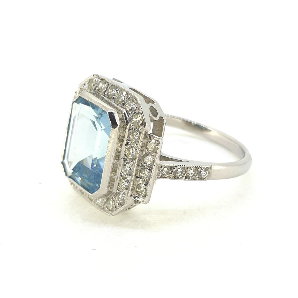 3ct Emerald Cut Aquamarine and Diamond Cluster Dress Ring in 18ct White Gold