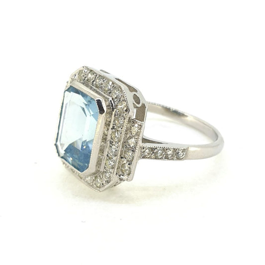 3ct Emerald Cut Aquamarine and Diamond Cluster Dress Ring in 18ct White Gold