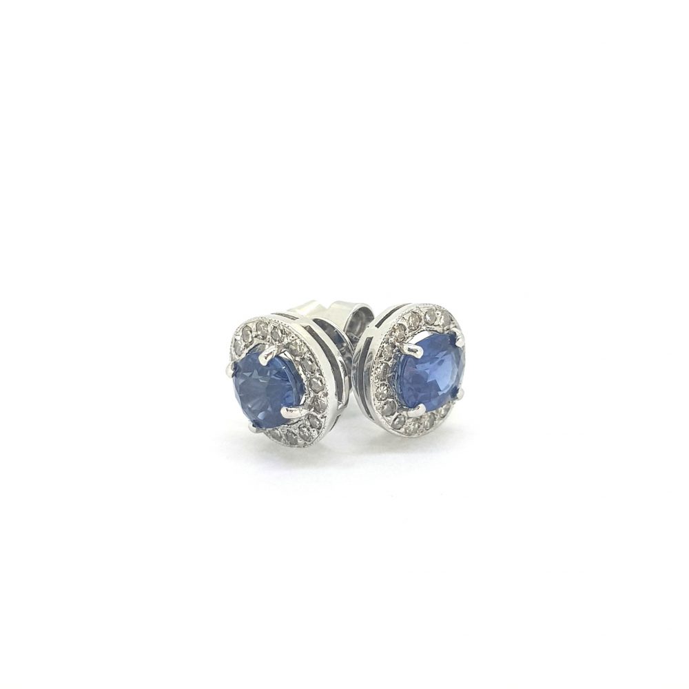 Vintage Sapphire and Diamond Cluster Stud Earrings in 18ct White Gold