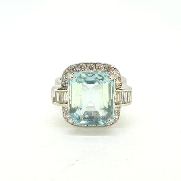 7.17ct Aquamarine and Diamond Cluster Ring with baguette Shoulders