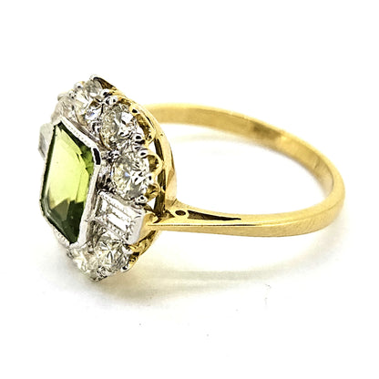 1.40ct Emerald Cut Peridot and Diamond Cluster Ring