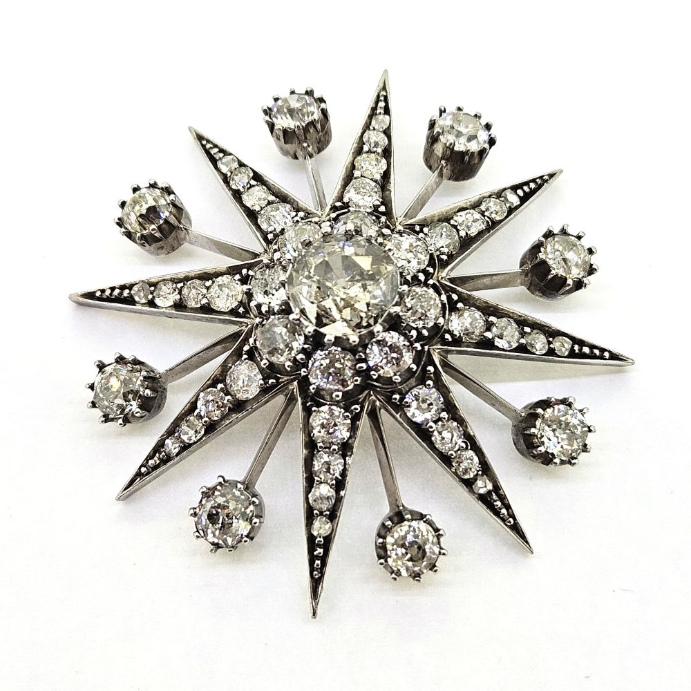 Antique Old Cut Diamond Star Brooch, 7.45 carat total