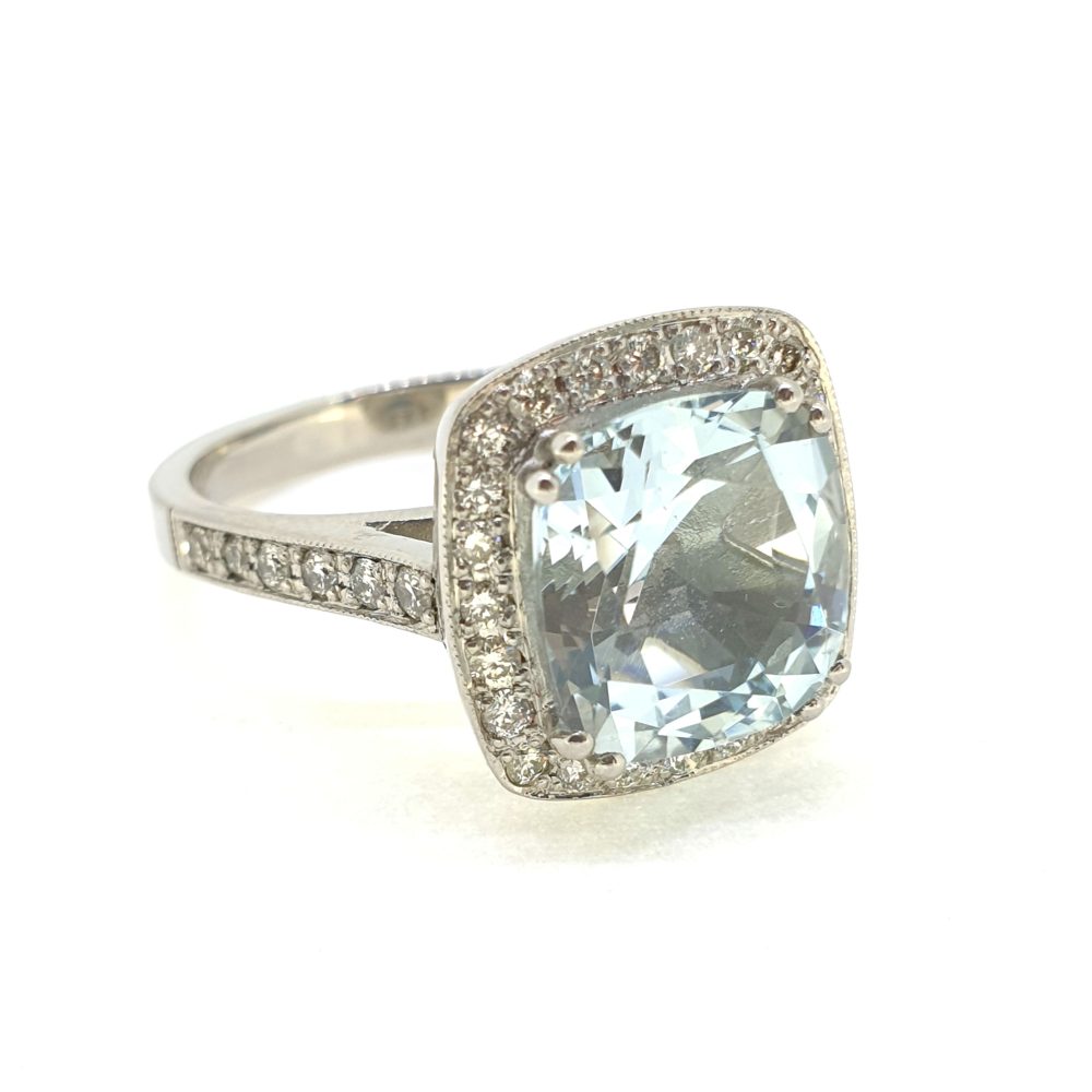 3.50ct Cushion Cut Aquamarine and Diamond Cluster Engagement Ring in Platinum