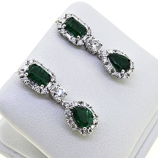 2.46ct Emerald and Diamond Double Cluster Drop Earrings