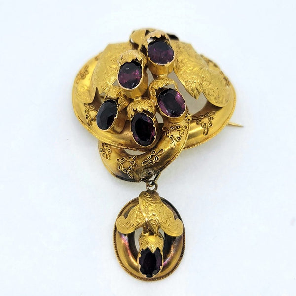 Almandine Garnet and Gold Brooch, decorative yellow gold brooch set with rich almandine garnets