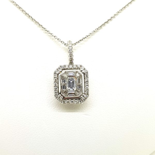 Diamond Pendant in 18ct White Gold, 1.02 carat total, modern octagonal-shaped pendant with central baguette-cut diamond surrounded by calibre-cut diamonds, all within an outer brilliant-cut diamond border