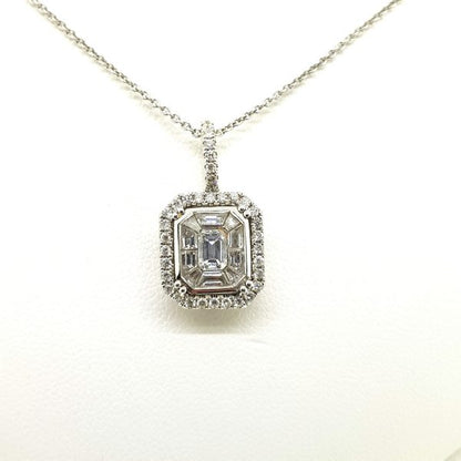 Diamond Pendant in 18ct White Gold, 1.02 carat total, modern octagonal-shaped pendant with central baguette-cut diamond surrounded by calibre-cut diamonds, all within an outer brilliant-cut diamond border