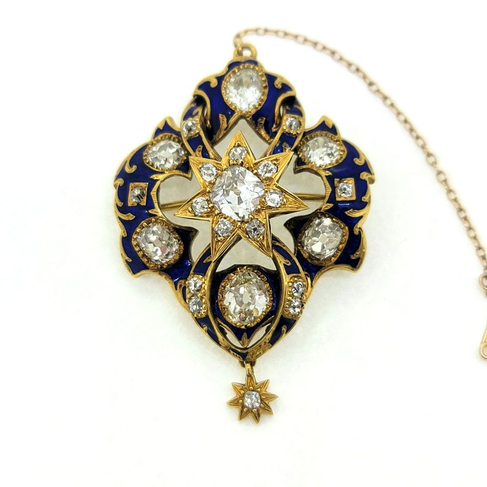 Victorian Antique 2.80ct Old Cut Diamond Blue Enamel and Gold Pendant Brooch