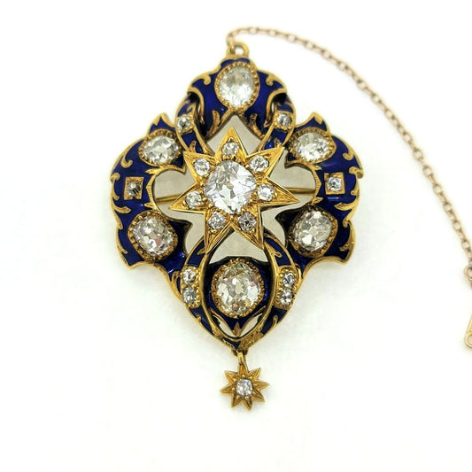 Victorian Antique 2.80ct Old Cut Diamond Blue Enamel and Gold Pendant Brooch