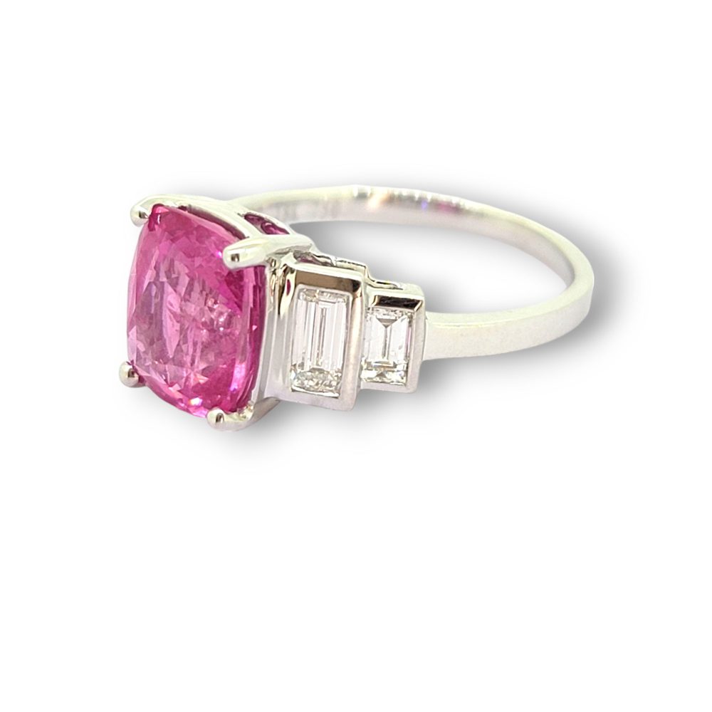 3.90ct Oval Natural Pink Sapphire and Baguette Diamond Engagement Ring in 18ct White Gold