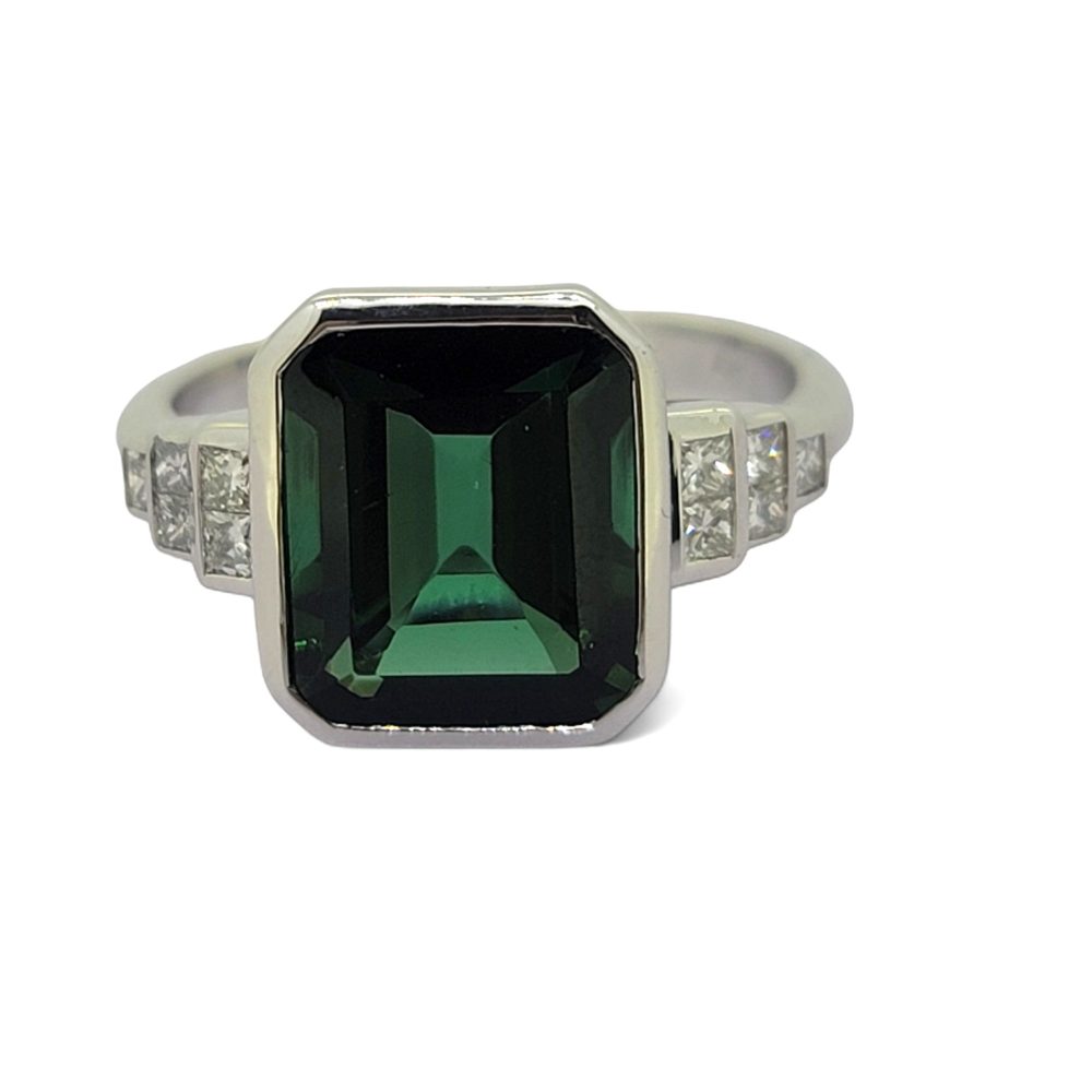 4.86ct Emerald Cut Green Garnet and Diamond Engagement Ring in 18ct White Gold