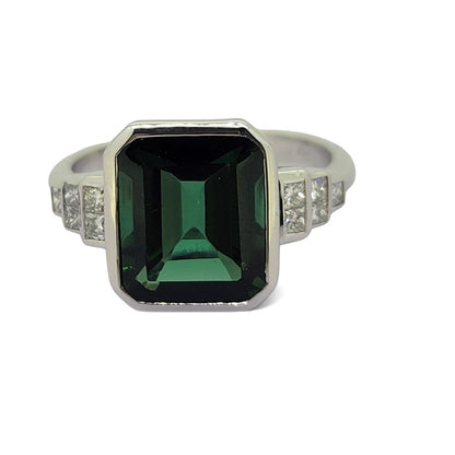 4.86ct Emerald Cut Green Garnet and Diamond Engagement Ring in 18ct White Gold