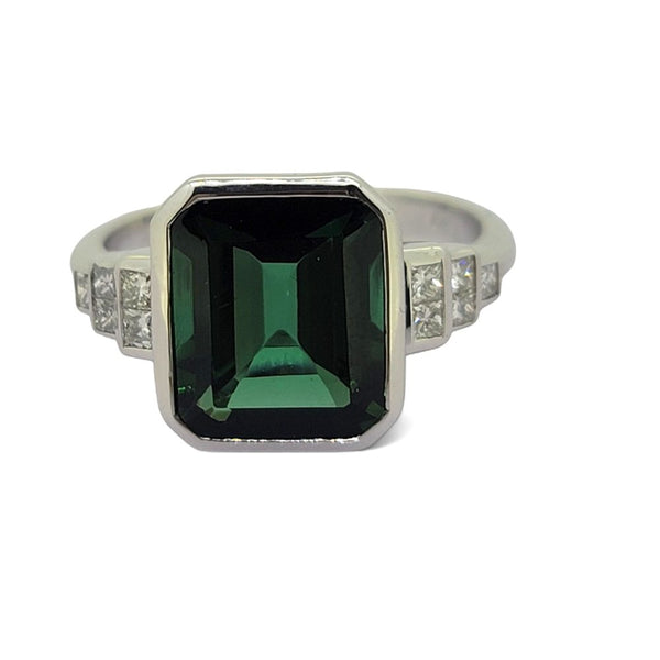 4.86ct Emerald Cut Green Garnet and Diamond Engagement Ring in 18ct White Gold