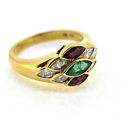 Ruby Emerald and Diamond Marquise Cluster Ring in 18ct Gold