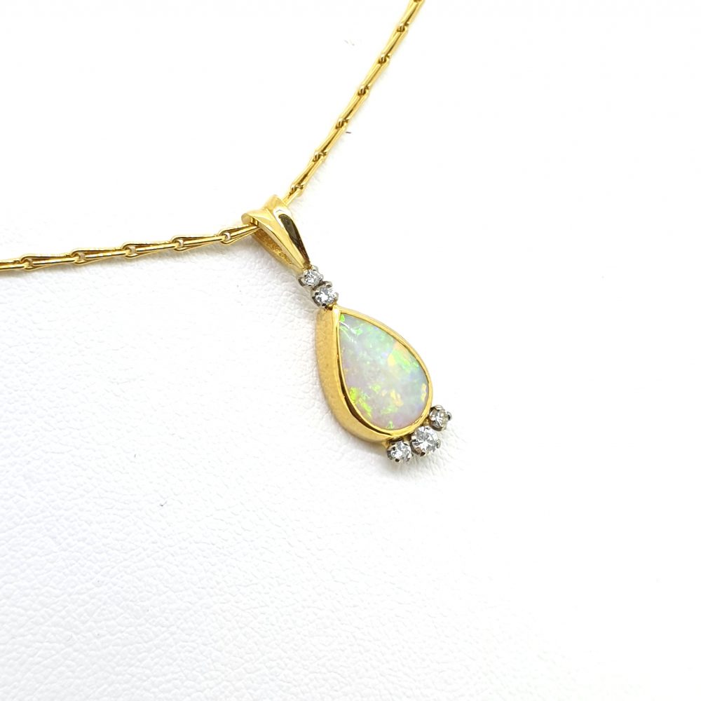 Vintage Pear Cut Opal and Diamond Pendant and Chain, Circa 1997