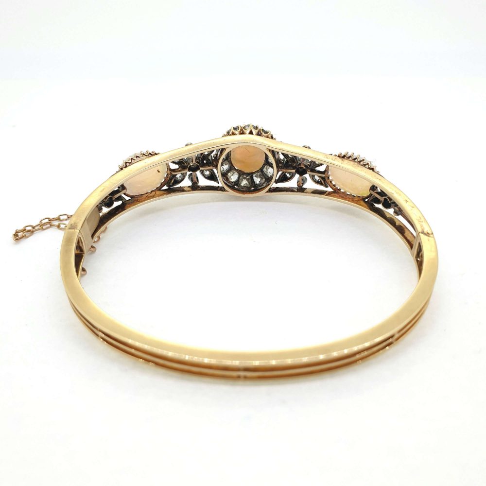 Antique Late Victorian Opal and Diamond Floral Cluster Bangle Bracelet