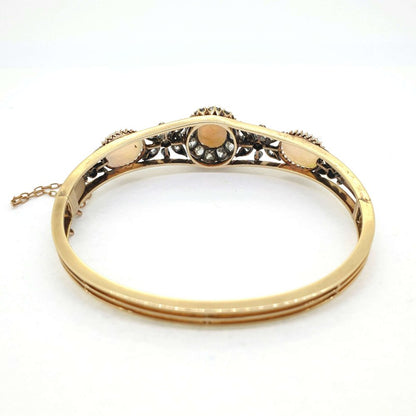 Antique Late Victorian Opal and Diamond Floral Cluster Bangle Bracelet