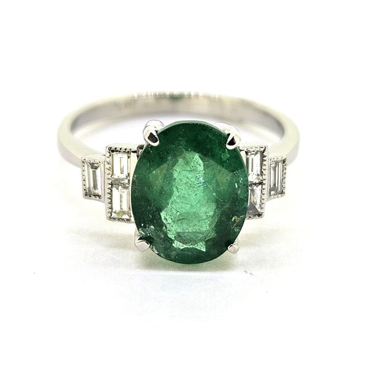 2.90ct Oval Emerald Solitaire Engagement Ring in Platinum with Baguette Diamond Shoulders