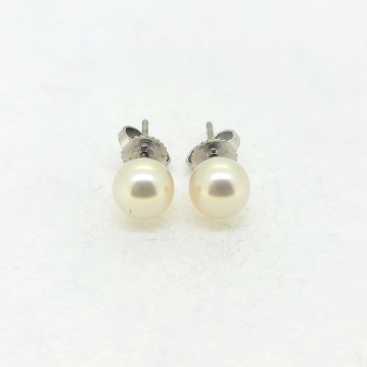 Preloved Vintage Tiffany and Co Signature Collection Akoya Pearl Solitaire Stud Earrings in 18ct White Gold Hallmarked 2011
