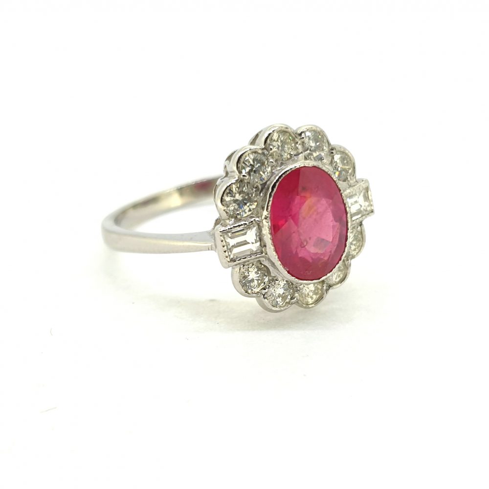 1.65ct Ruby Diamond Flower Cluster Ring 0.55cts brilliant baguette diamonds 18ct white gold