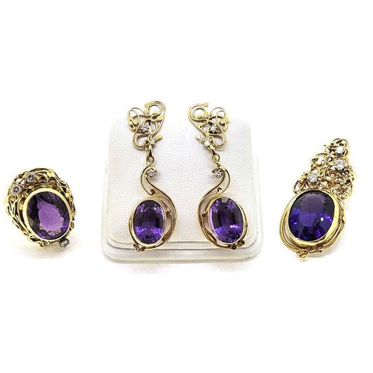 Vintage Amethyst and Diamond Parure Ring Earrings Pendant Suite