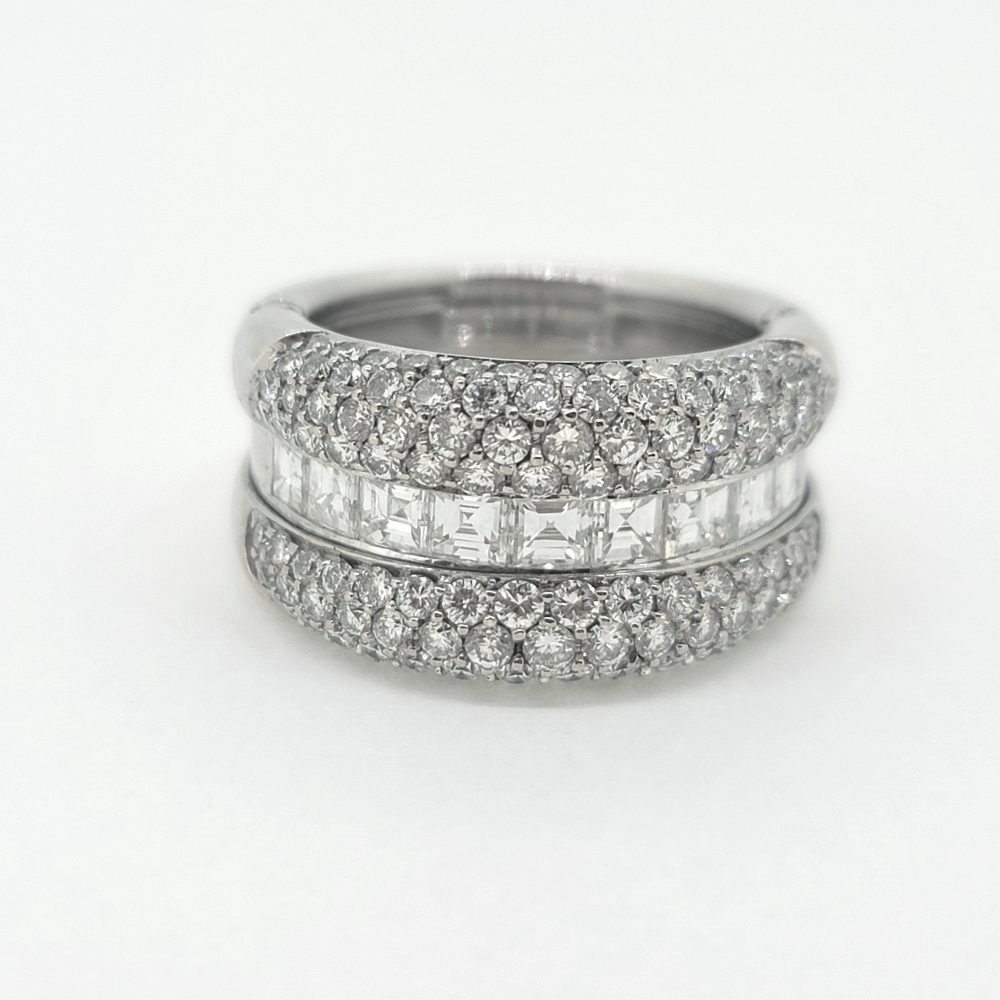 3.50ct Princess and Brilliant Cut Diamond Huggie Ring, central row of square princess-cut diamonds accented by top and bottom gently domed edges studded with sparkling brilliant-cut diamonds in 18ct white gold