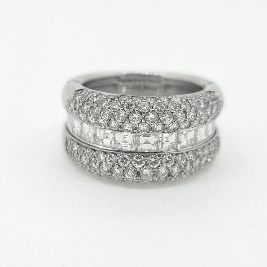 3.50ct Princess and Brilliant Cut Diamond Huggie Ring, central row of square princess-cut diamonds accented by top and bottom gently domed edges studded with sparkling brilliant-cut diamonds in 18ct white gold