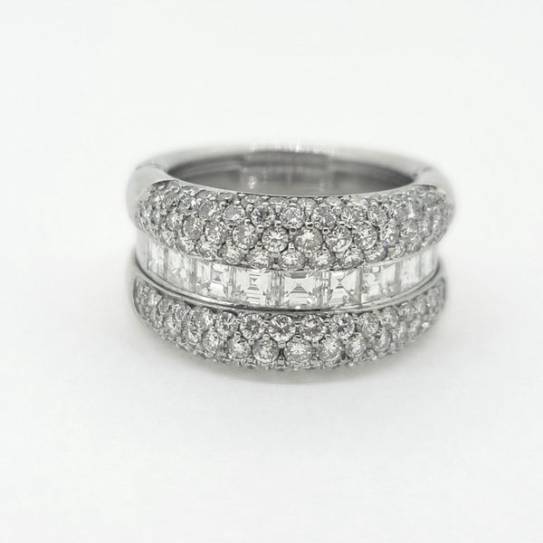 3.50ct Princess and Brilliant Cut Diamond Huggie Ring, central row of square princess-cut diamonds accented by top and bottom gently domed edges studded with sparkling brilliant-cut diamonds in 18ct white gold