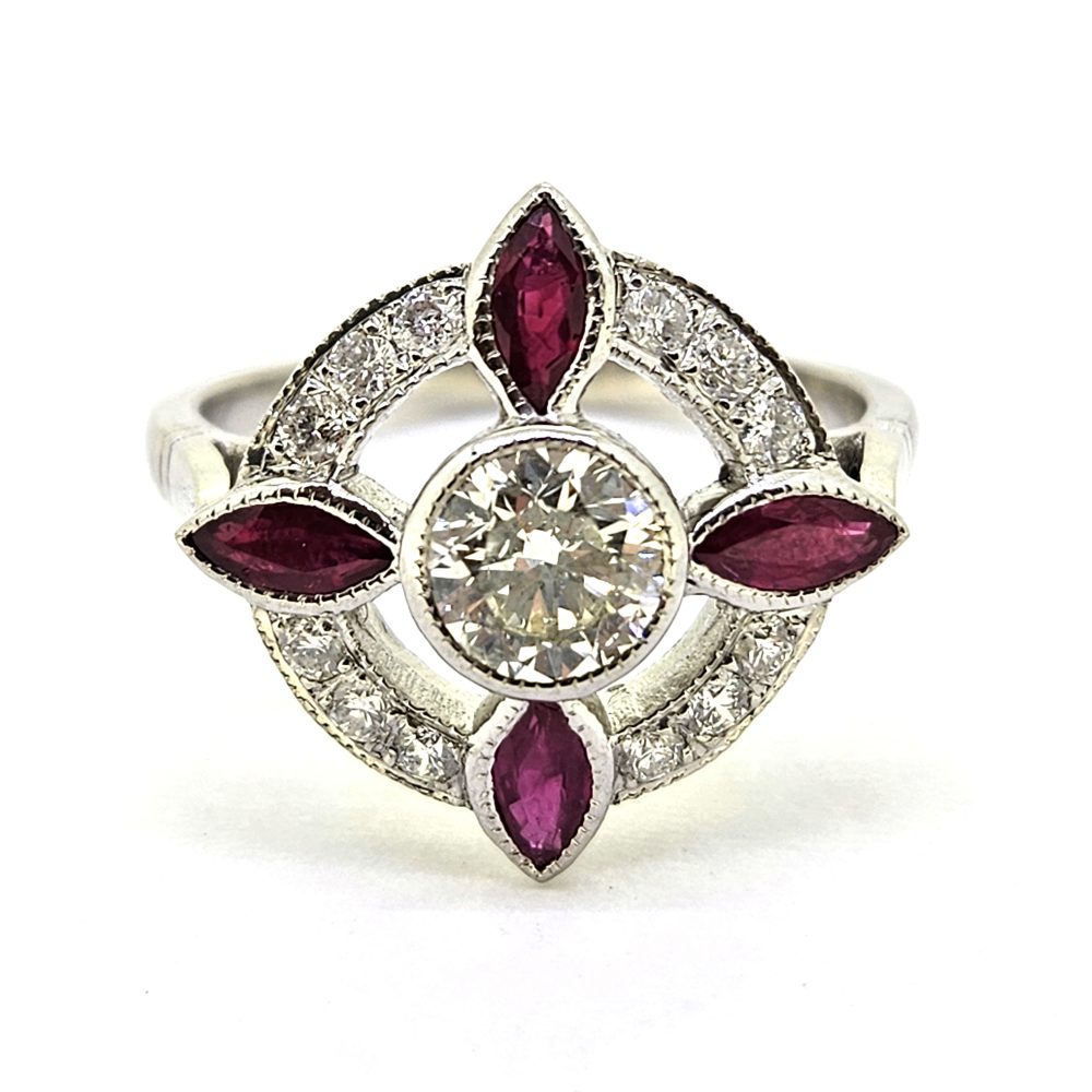 Decorative 0.75ct Diamond and Ruby Target Cluster Ring in Platinum
