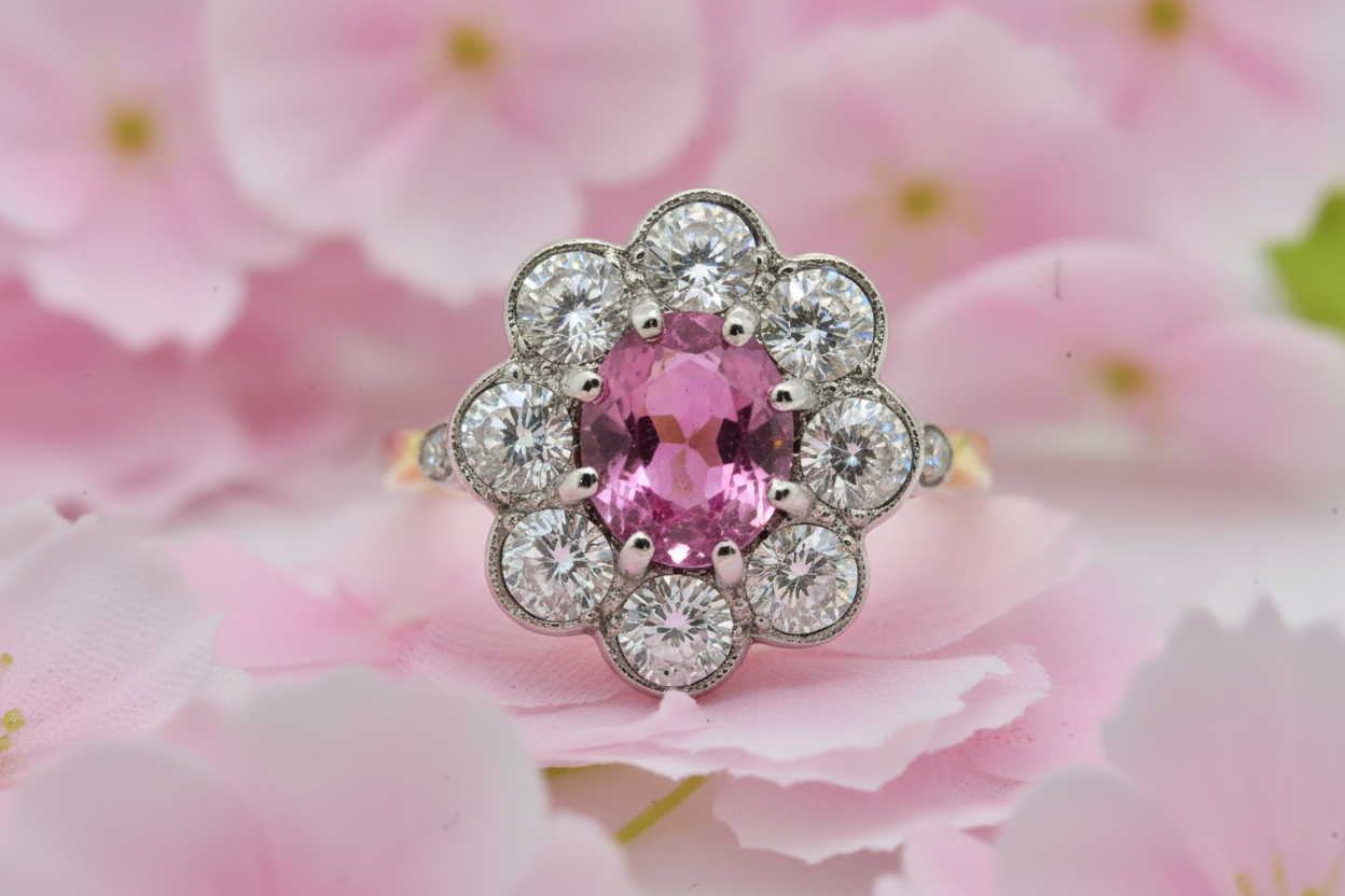 Pink sapphire and diamond engagement ring, oval cluster shape yellow gold band