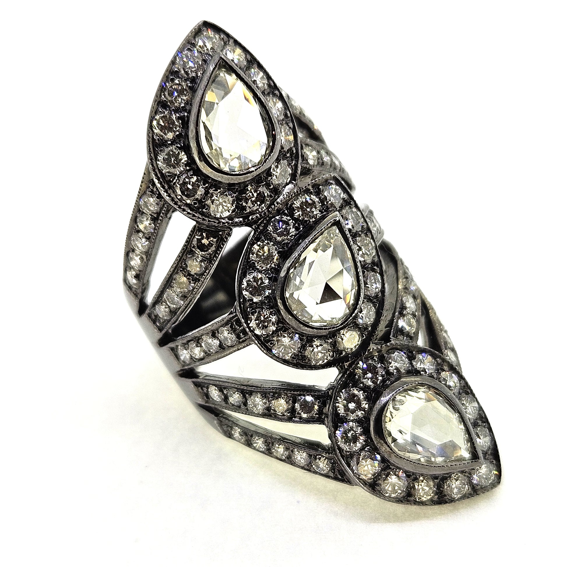 Pear Rose Cut Diamond Three Stone Dress Ring in Black Gold