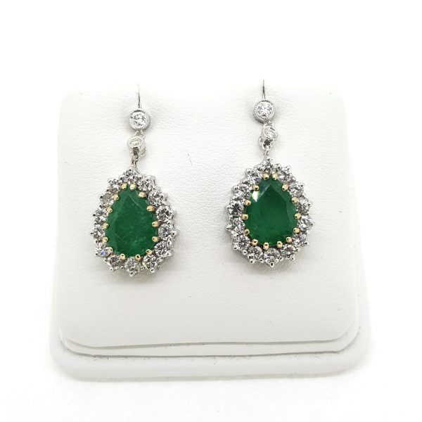 Pear Cut Emerald and Diamond Cluster Drop Earrings