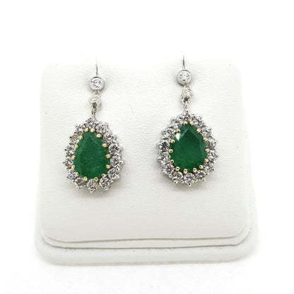 Pear Cut Emerald and Diamond Cluster Drop Earrings