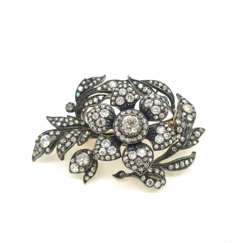 Antique 19th century Victorian En Tremblant Diamond Flower Brooch Circa 1870